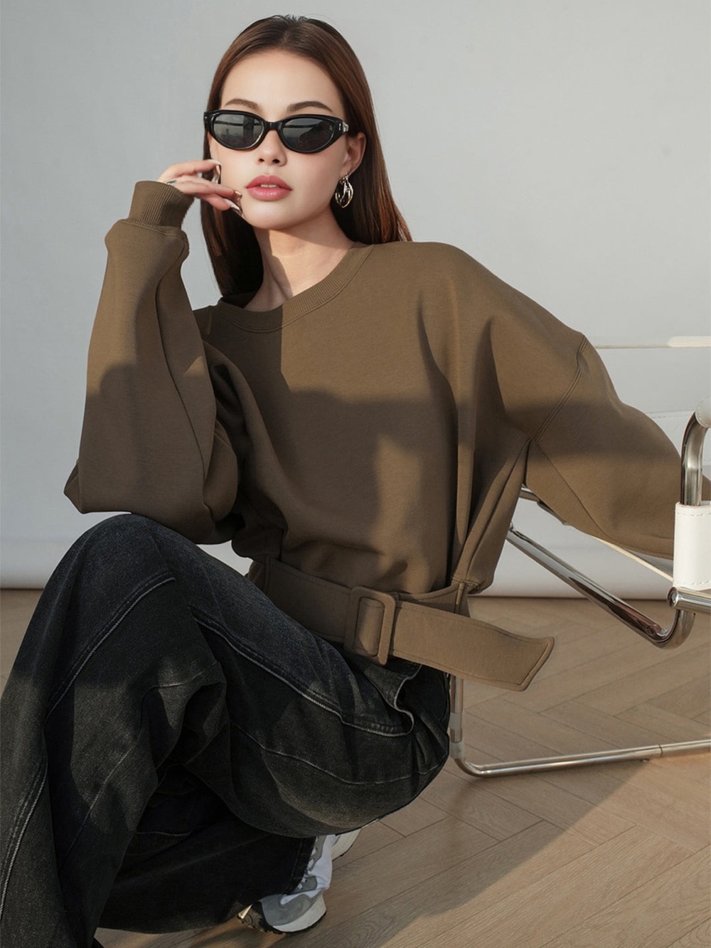 Commense Oversized Belted Short Sweatshirt